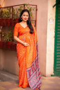 Orange Silk Blend Ajrak Saree with Unstitched Blouse - A2M | Grocsy