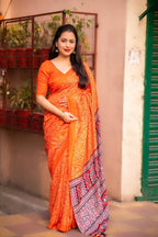 Orange Silk Blend Ajrak Saree with Unstitched Blouse - A2M | Grocsy