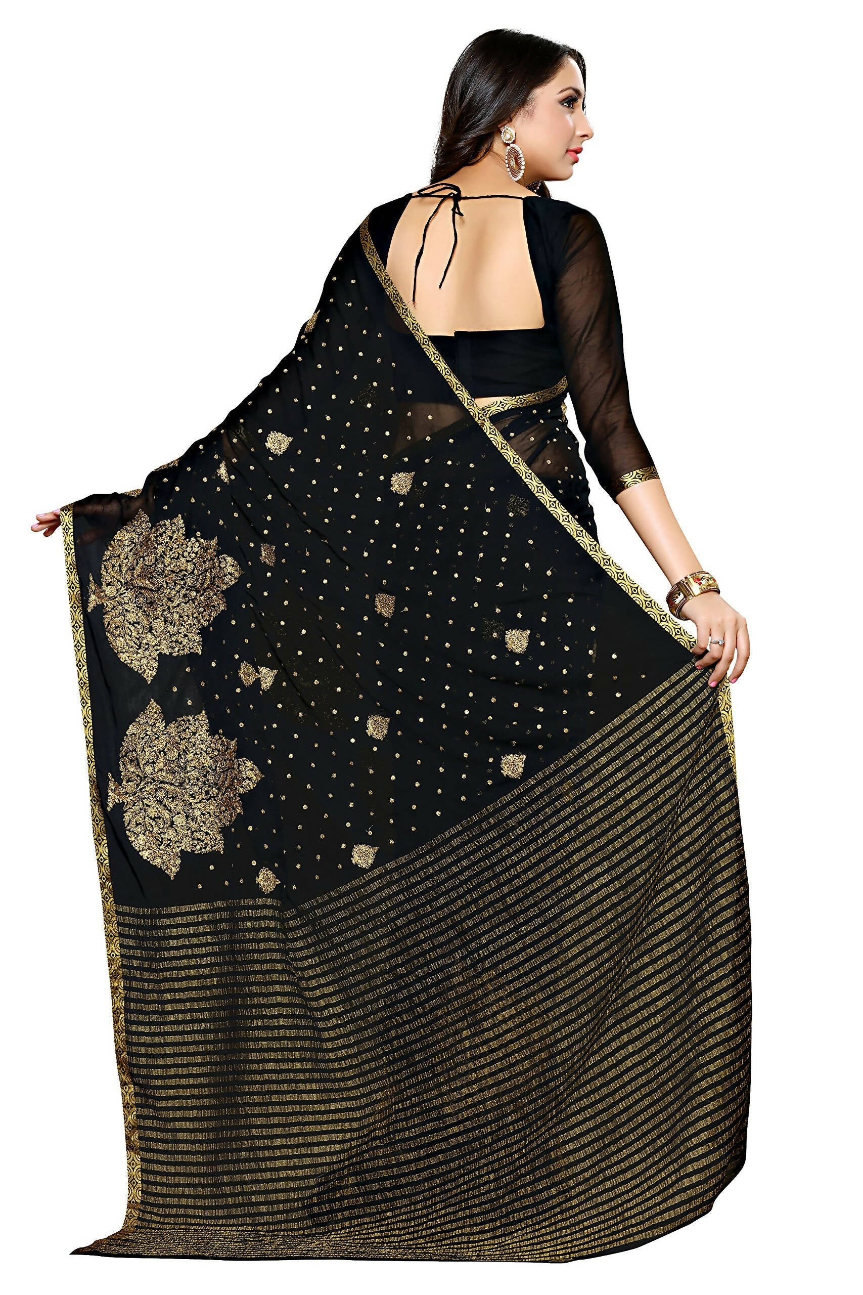 Mimosa Women's Banarasi Chiffon Black Saree | Grocsy