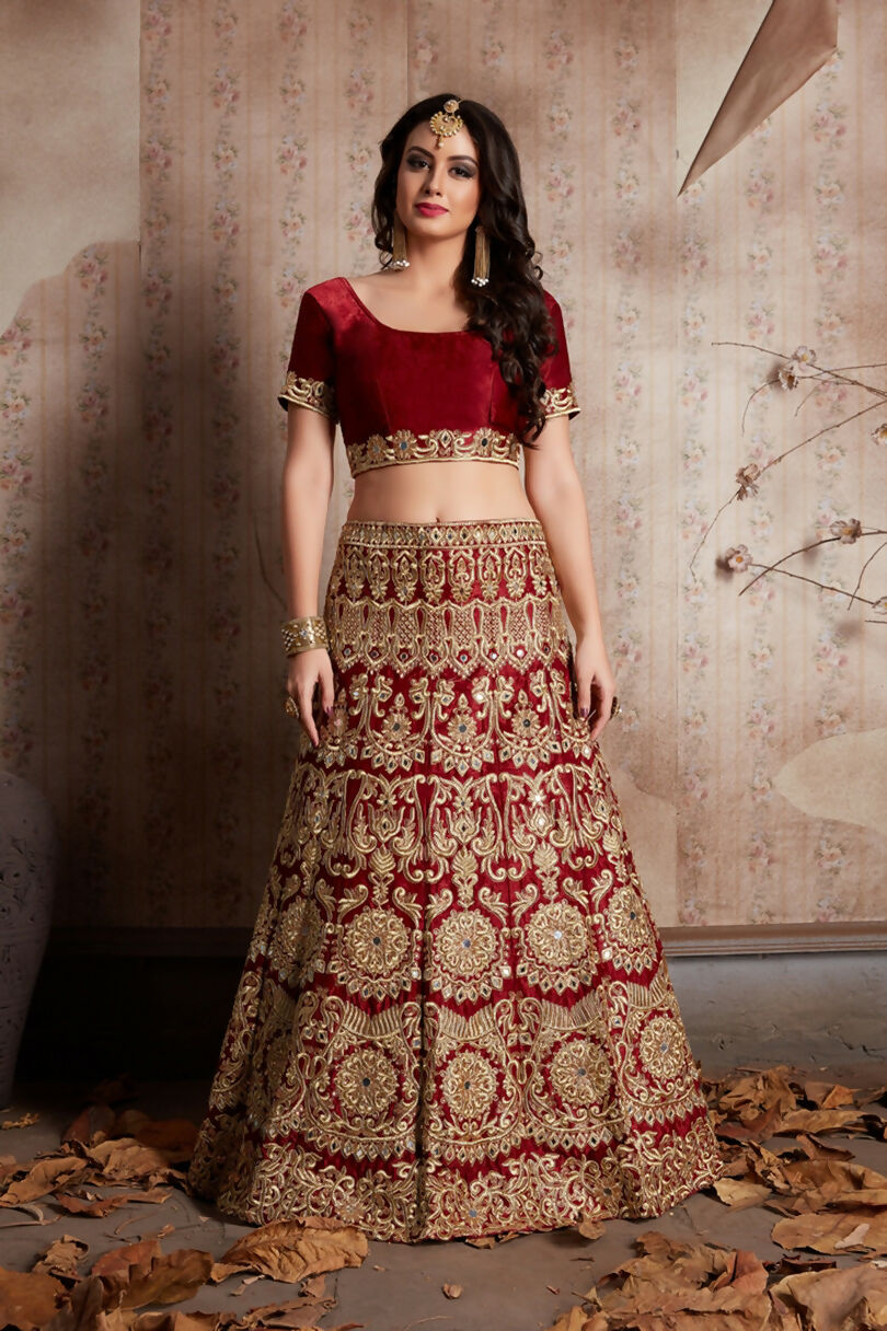 Jyoti Fashion Mesmerizing Red Sequins Embroidered Velvet Lehenga Choli with Dupatta | Grocsy