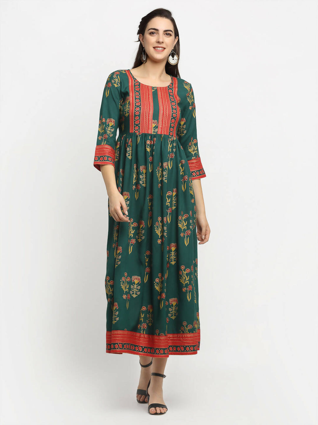 Rudra Bazaar Green Yoke Designed Flared Ethnic Kurta | Grocsy