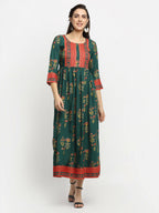 Rudra Bazaar Green Yoke Designed Flared Ethnic Kurta | Grocsy