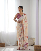 Peach Chinon Designer Digital Printed & Mirror Cut Work Saree - Kriti | Grocsy