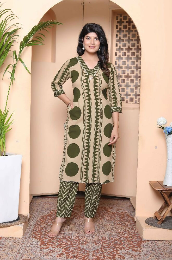 Miravan Womens Straight Polka Dot Printed Green Kurta With Palazzo | Grocsy