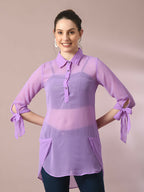 Myshka Women's Lavender Solid Georgette Longline Party Sheer Tunic | Grocsy