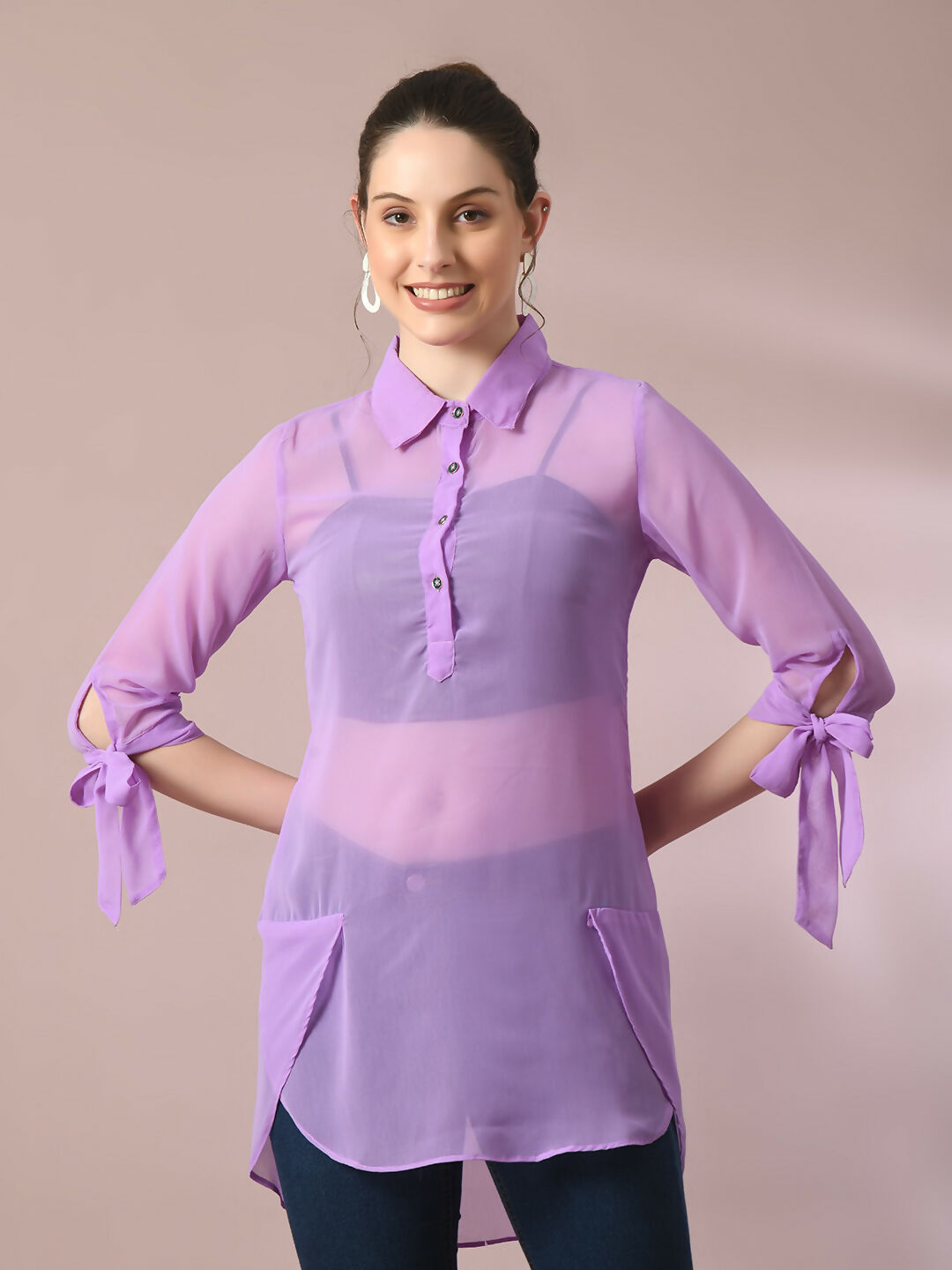 Myshka Women's Lavender Solid Georgette Longline Party Sheer Tunic | Grocsy