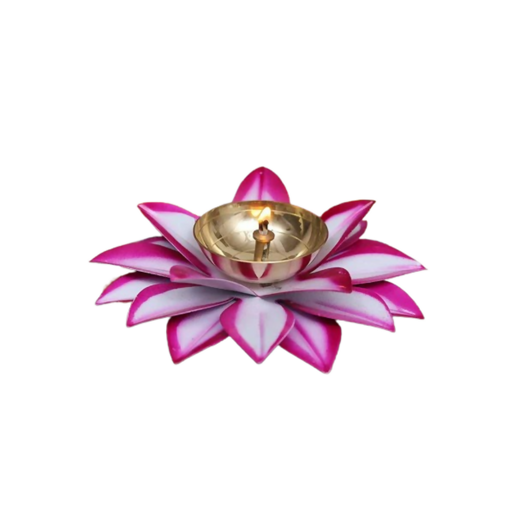 CraftVatika Brass Lotus Diya Deepak Oil Lamp -White Pink | Grocsy