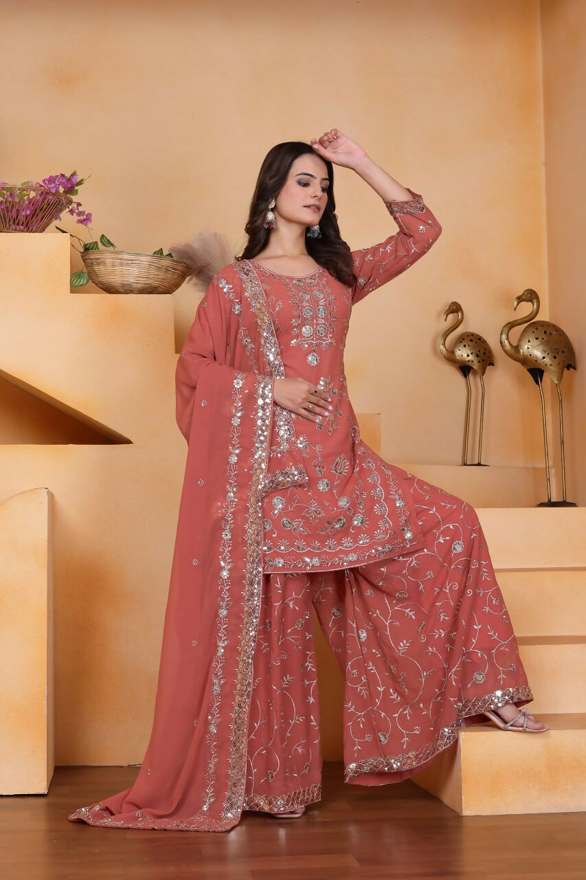 Joban Fashion Pink Georgette Embroidered Sharara Set | Grocsy