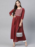 Yufta Women Rust Red & White Embroidered Mirror Work Yoke Design Cotton A-Line Dress | Grocsy