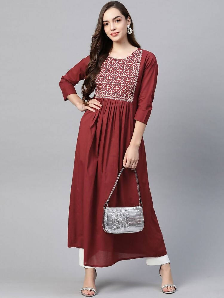 Yufta Women Rust Red & White Embroidered Mirror Work Yoke Design Cotton A-Line Dress | Grocsy