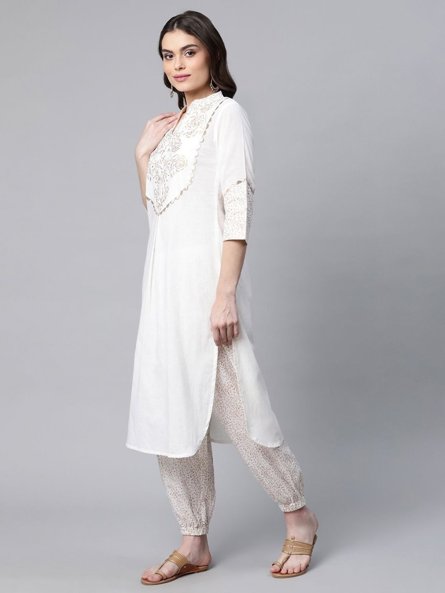 Ahalyaa Women Offwhite Pure Cotton Printed Kurta With Trousers | Grocsy