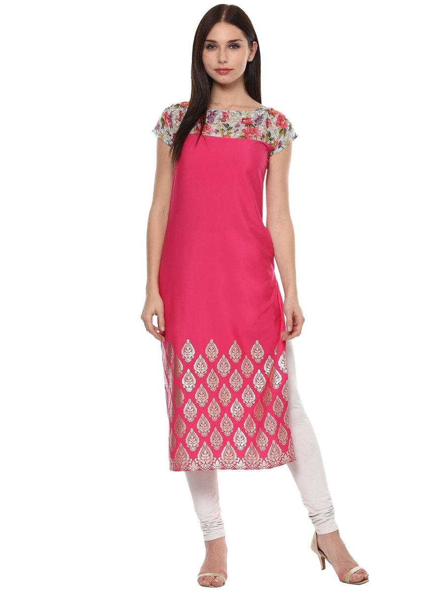 Ahalyaa Women's Pink Chanderi Printed Kurta | Grocsy