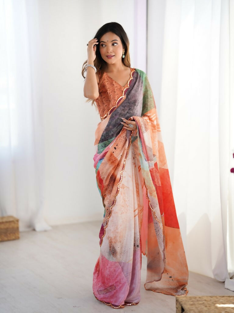 Multi Chinon Designer Digital Printed,Mirror Cut Work Saree - Sohni | Grocsy