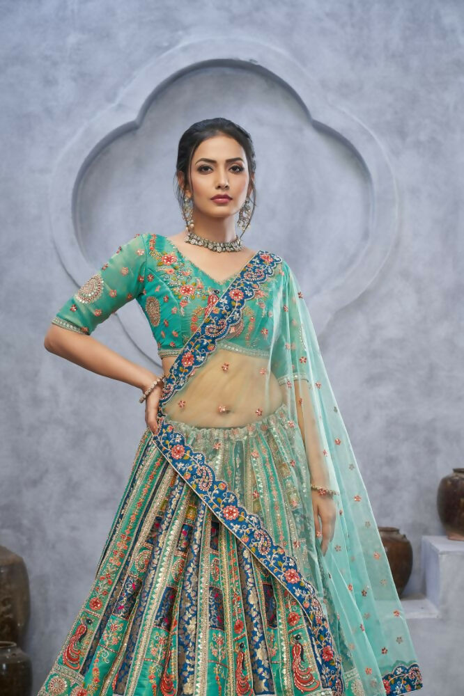 Kesar Fab Green Organza Embroidered Lehenga | Grocsy
