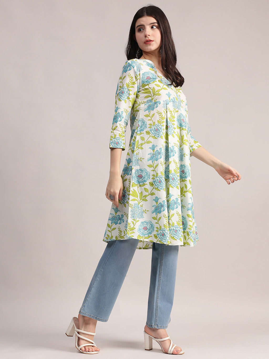 Aavyora Women's Off-White and Blue Cotton A-Line Tunic with Blue and Green Floral Print. | Grocsy