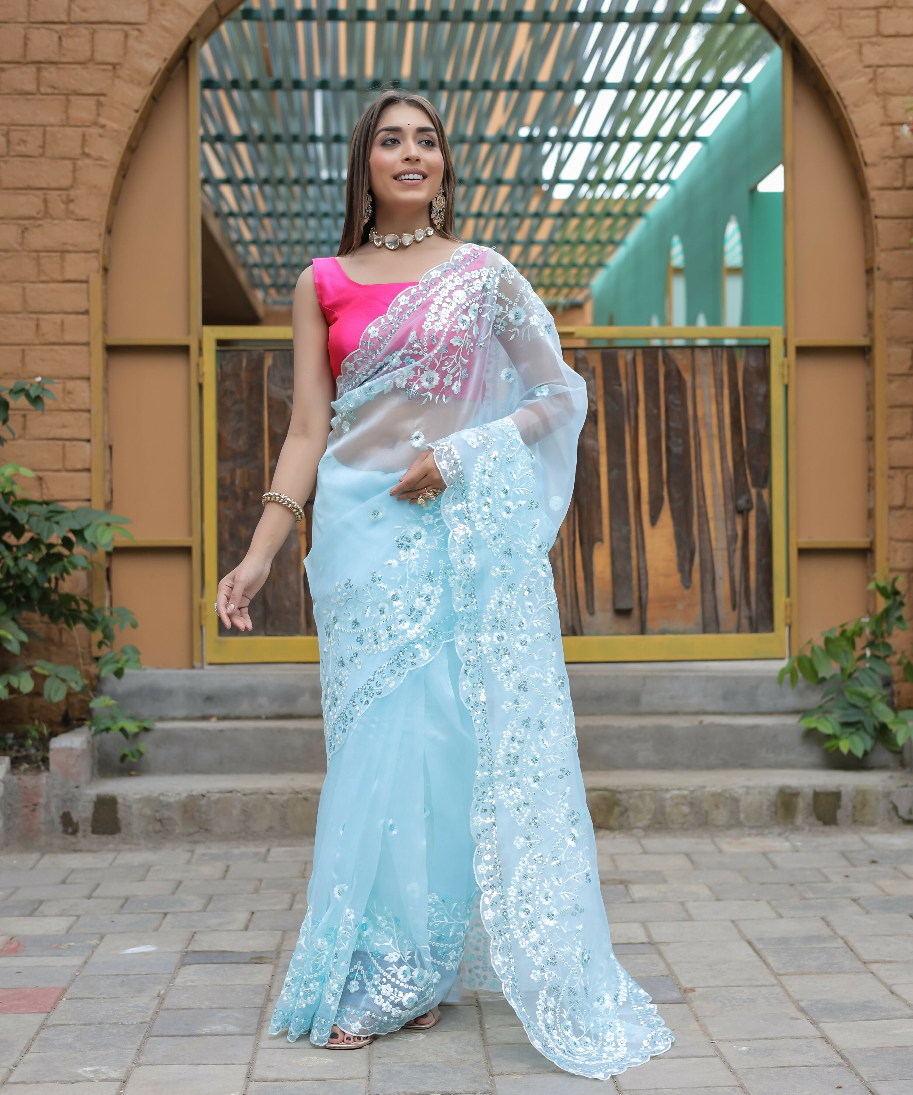 Vamsee Kiki Sky Organza Saree | Grocsy