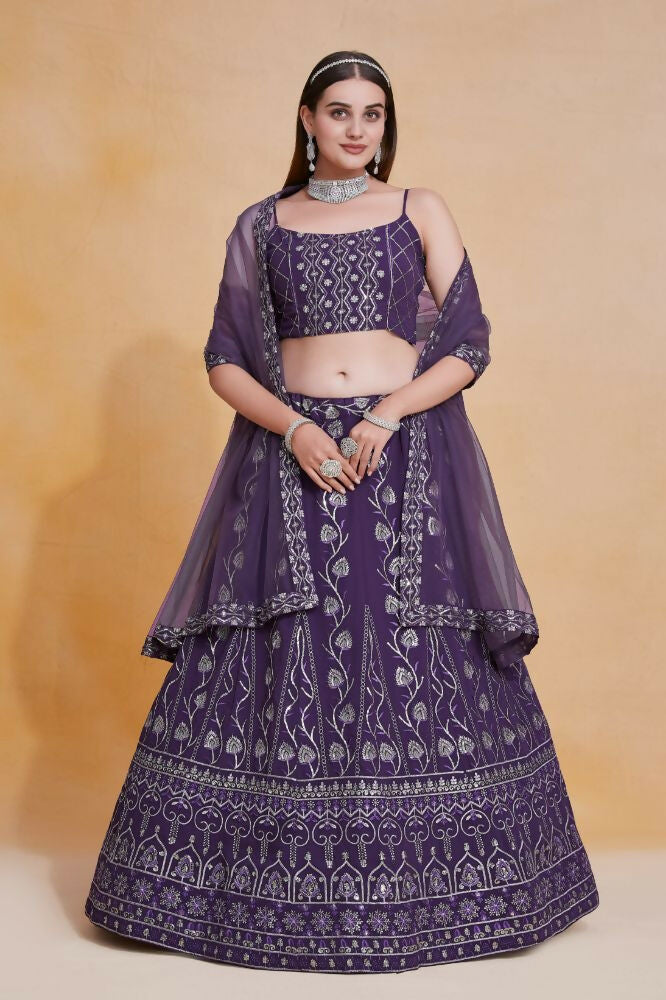 Purple Zari Sequence Embroidery Georgette Lehenga Choli - Jihu Culture | Grocsy