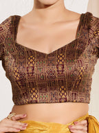Joban Fashion Dark Maroon Brocade Padded Blouse With Round Neck Elbow Sleeves | Grocsy