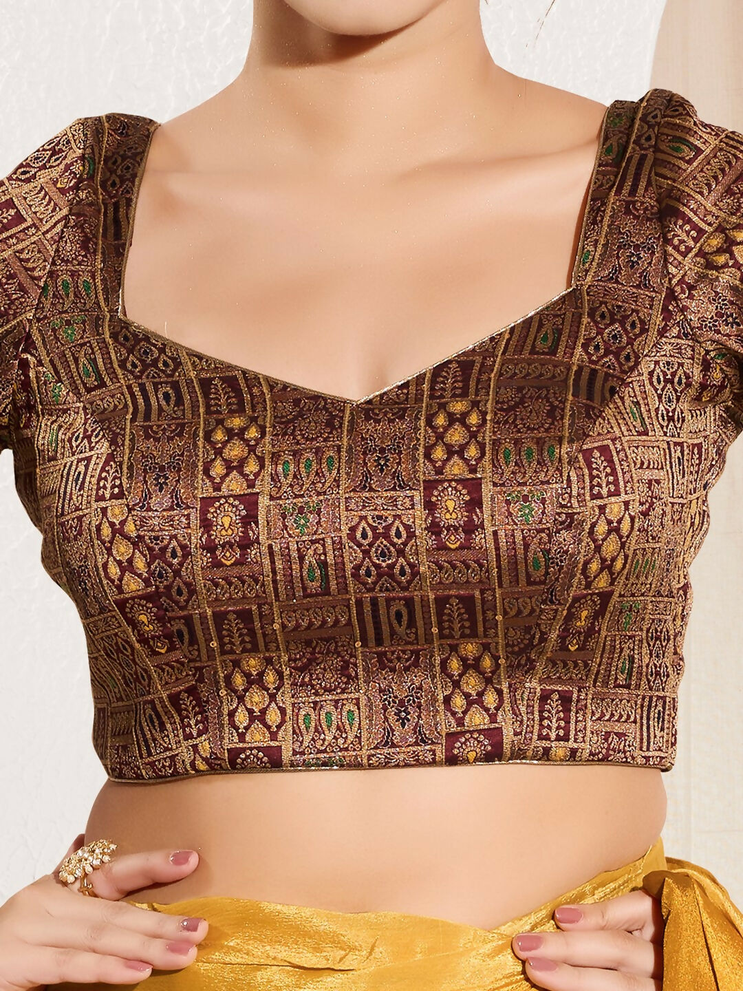 Joban Fashion Dark Maroon Brocade Padded Blouse With Round Neck Elbow Sleeves | Grocsy