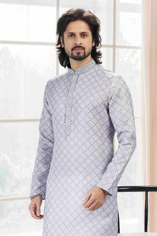 Raivat Ethnic Cotton Thread Work Kurta Pajama In Grey Colour | Grocsy