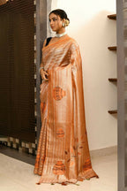 Joban Fashion Orange Saree Tissue Zari Buti Allover Matka Applick With Contrast Blouse | Grocsy