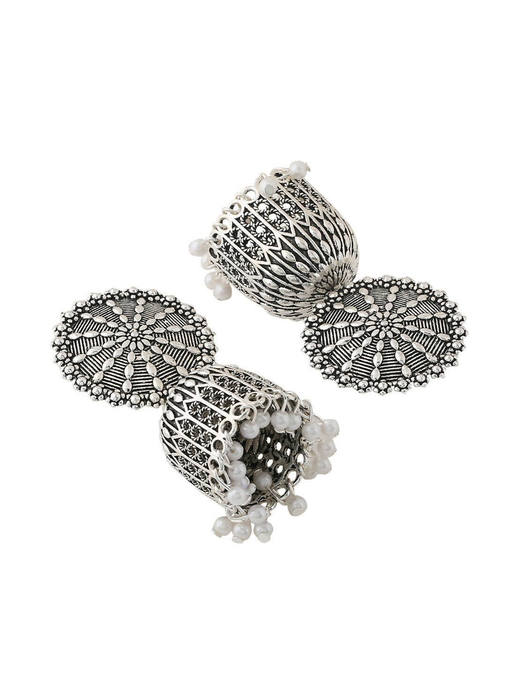 NVR Women Silver Toned Dome Shaped Jhumkas Earrings | Grocsy