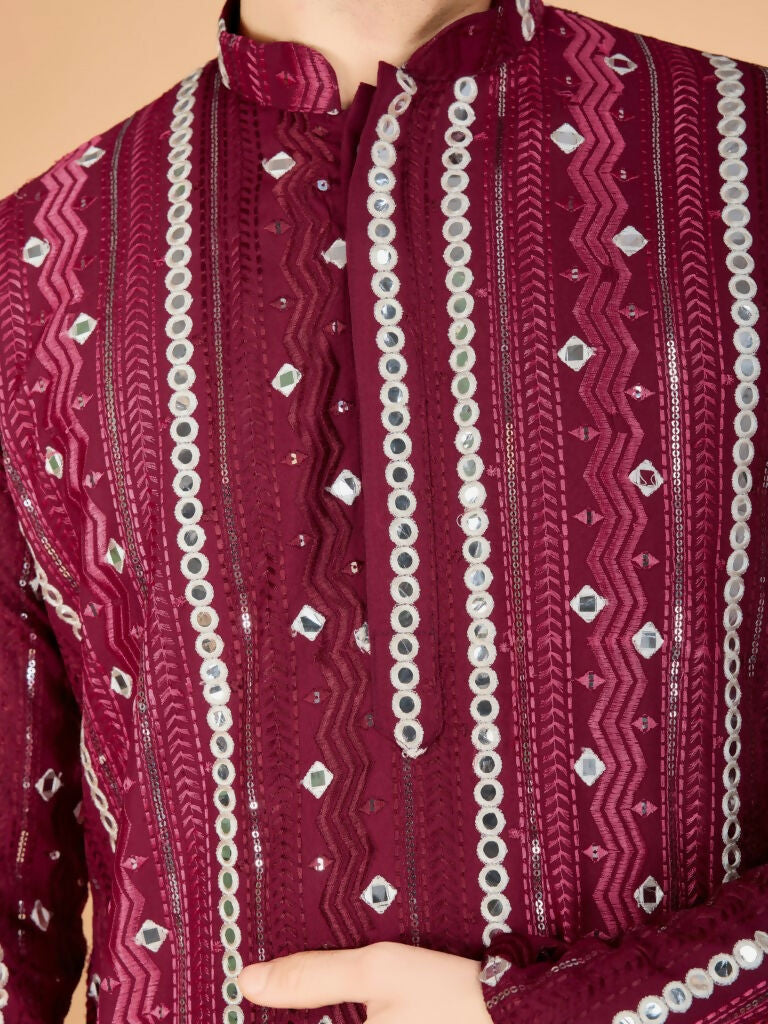 Vastranavya Maroon Exclusive Festival Wear Pure Viscose Rayon Sequence & Foil Mirror Heavy Embroidered Work Kurta | Grocsy