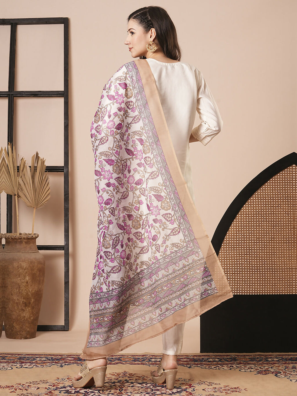 Cream Chanderi Embroidery Work, Printed Kurta Set - Riya | Grocsy
