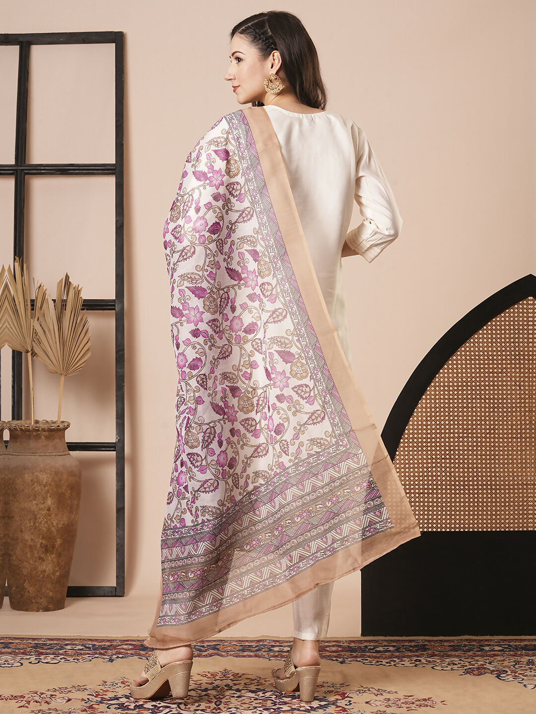 Cream Chanderi Embroidery Work, Printed Kurta Set - Riya | Grocsy