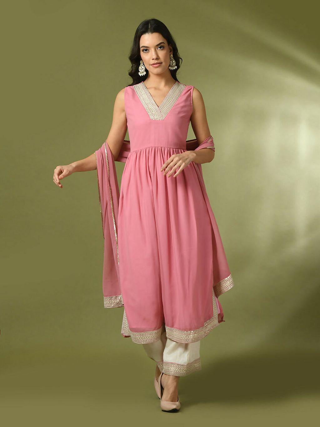Myshka Women's Pink Solid Georgette Anarkali Party Kurta Set With Dupatta | Grocsy