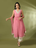 Myshka Women's Pink Solid Georgette Anarkali Party Kurta Set With Dupatta | Grocsy