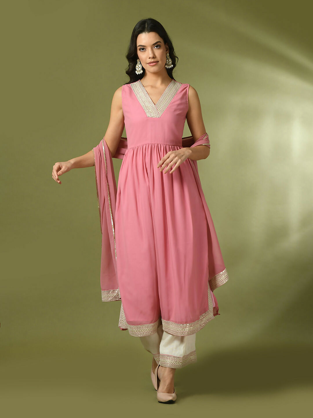 Myshka Women's Pink Solid Georgette Anarkali Party Kurta Set With Dupatta | Grocsy