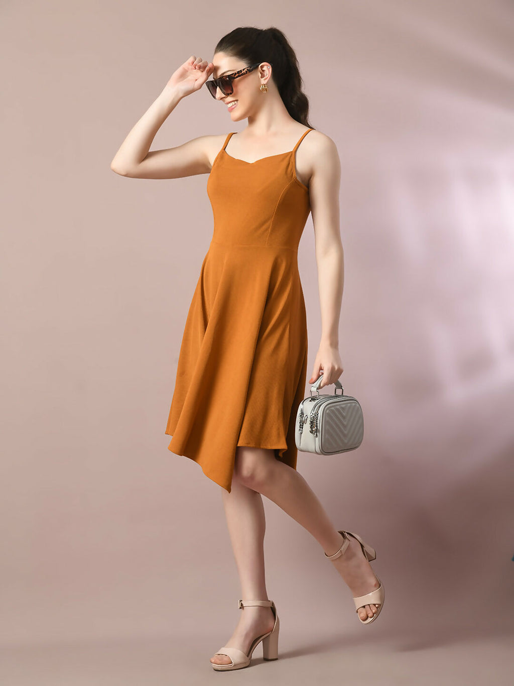 Myshka Women's Mustard Solid Shoulder Straps Fit and Flare Party Dress | Grocsy