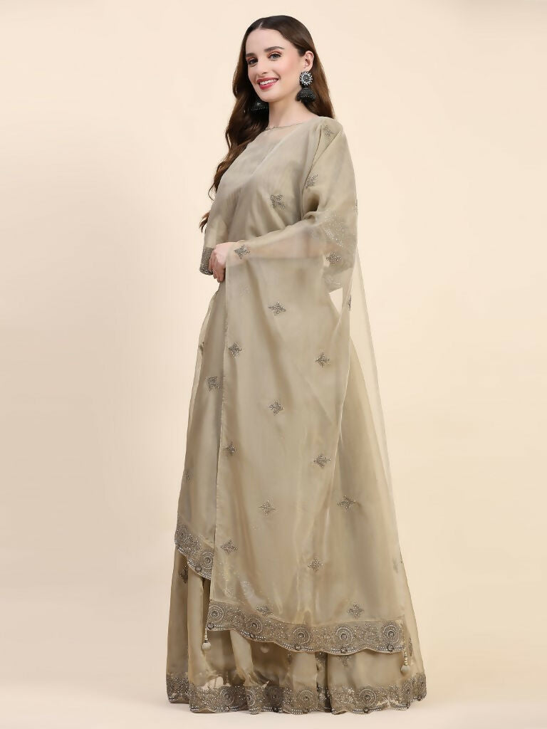 Green Silk Embroidered Poncho Pattern Top & Lehenga with Dupatta - Tanya | Grocsy