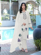 Nikhaar Cream Embroidered Art Silk Stitched Straight Cut Kurta Pants Dupatta Readymade Suit | Grocsy