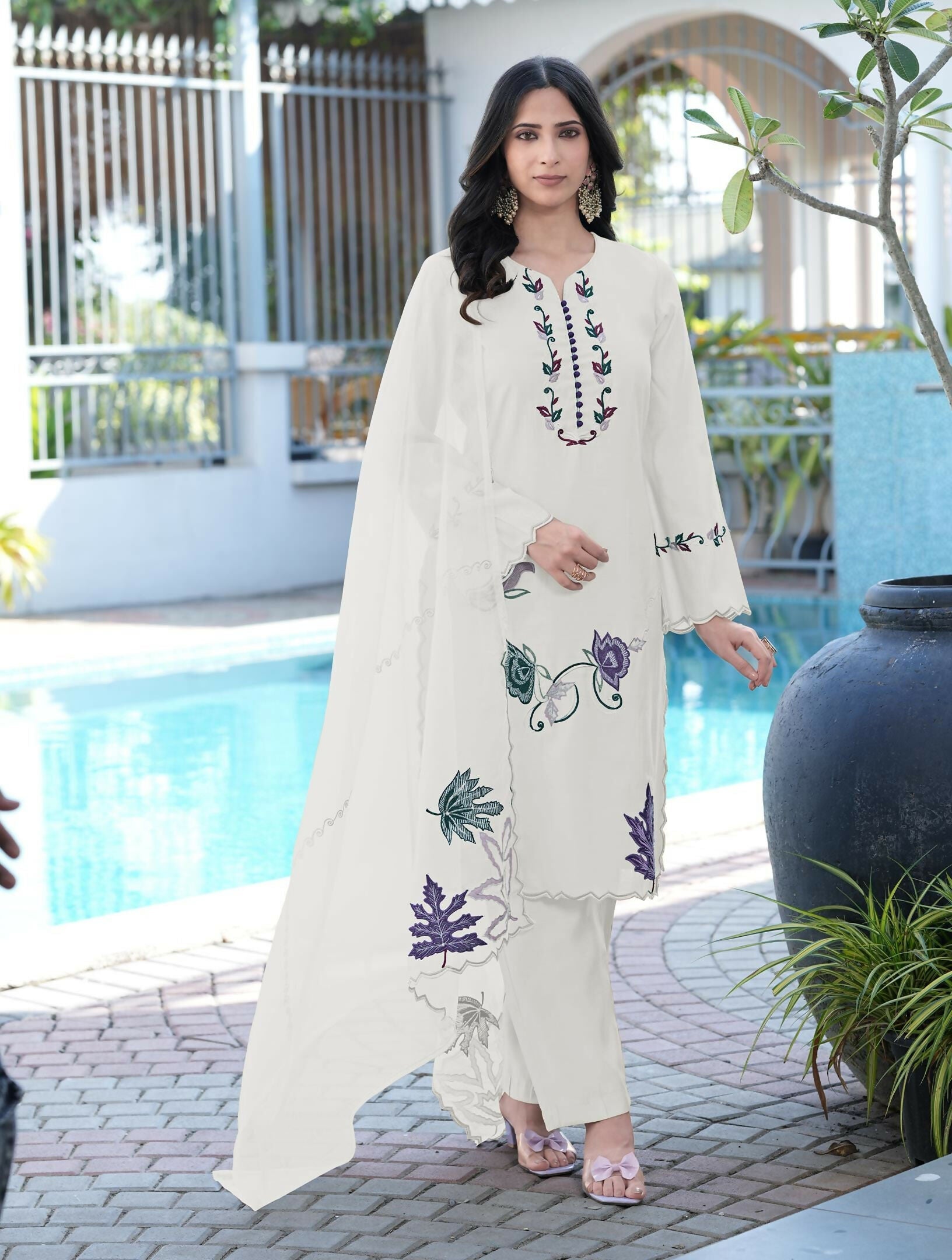 Nikhaar Cream Embroidered Art Silk Stitched Straight Cut Kurta Pants Dupatta Readymade Suit | Grocsy
