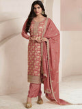 Anaita Peach Viscose Muslin Stitched Suit with Sequence & Zari Work | Grocsy