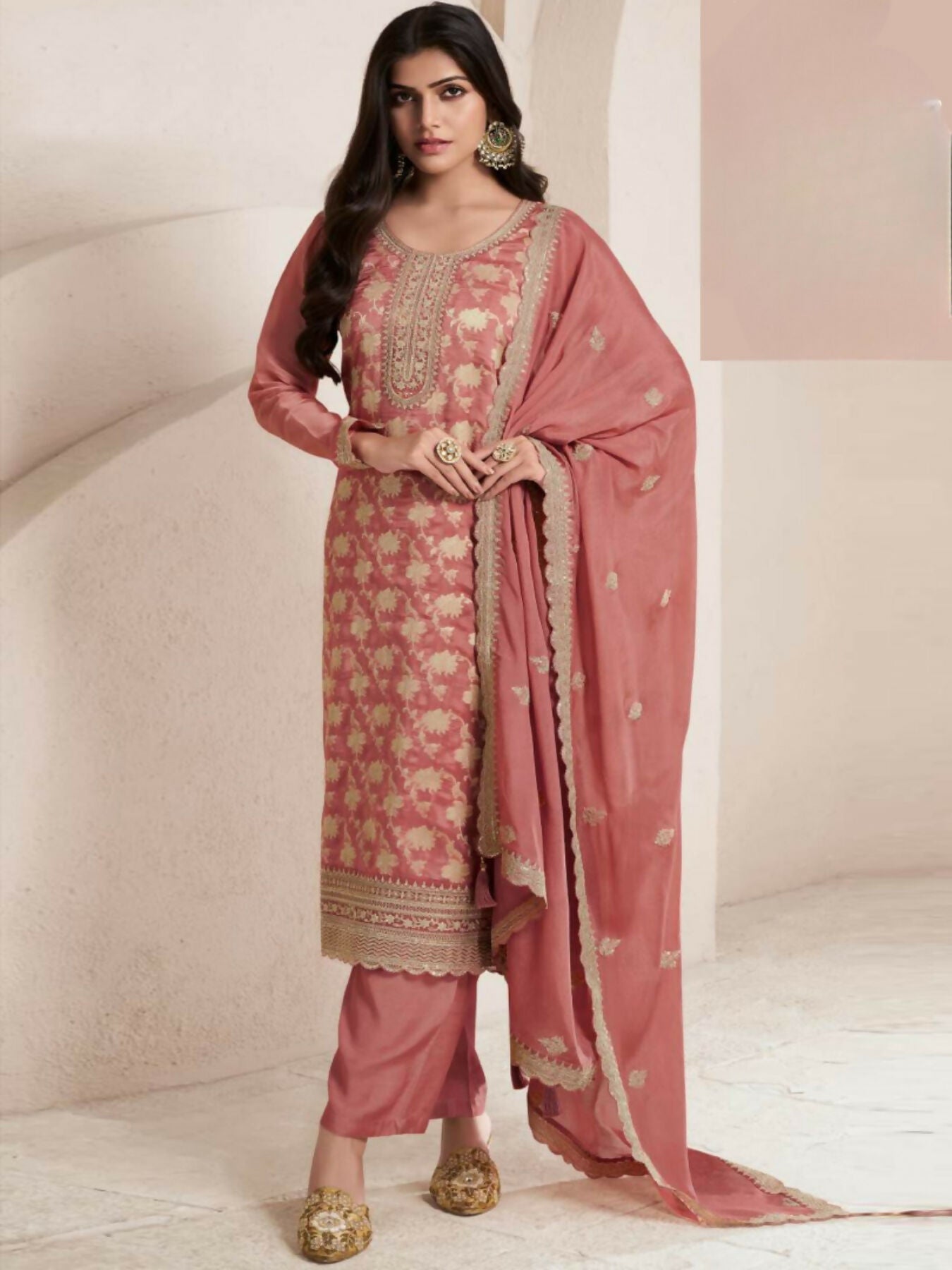 Anaita Peach Viscose Muslin Stitched Suit with Sequence & Zari Work | Grocsy