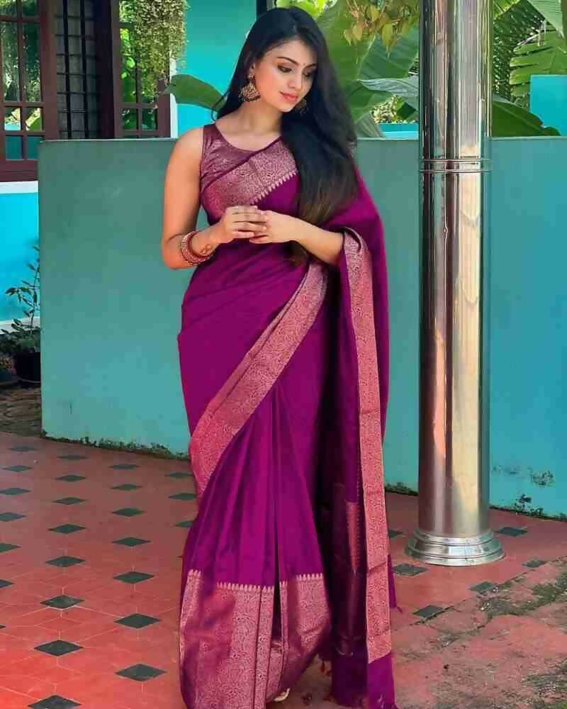 DEIANA'S Beautiful Designer Golden zari Soft Lichi Silk Saree - Wine | Grocsy
