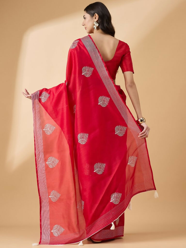 Red Cotton Blend Thread Embroidered Saree with Unstitched Blouse - Satya | Grocsy