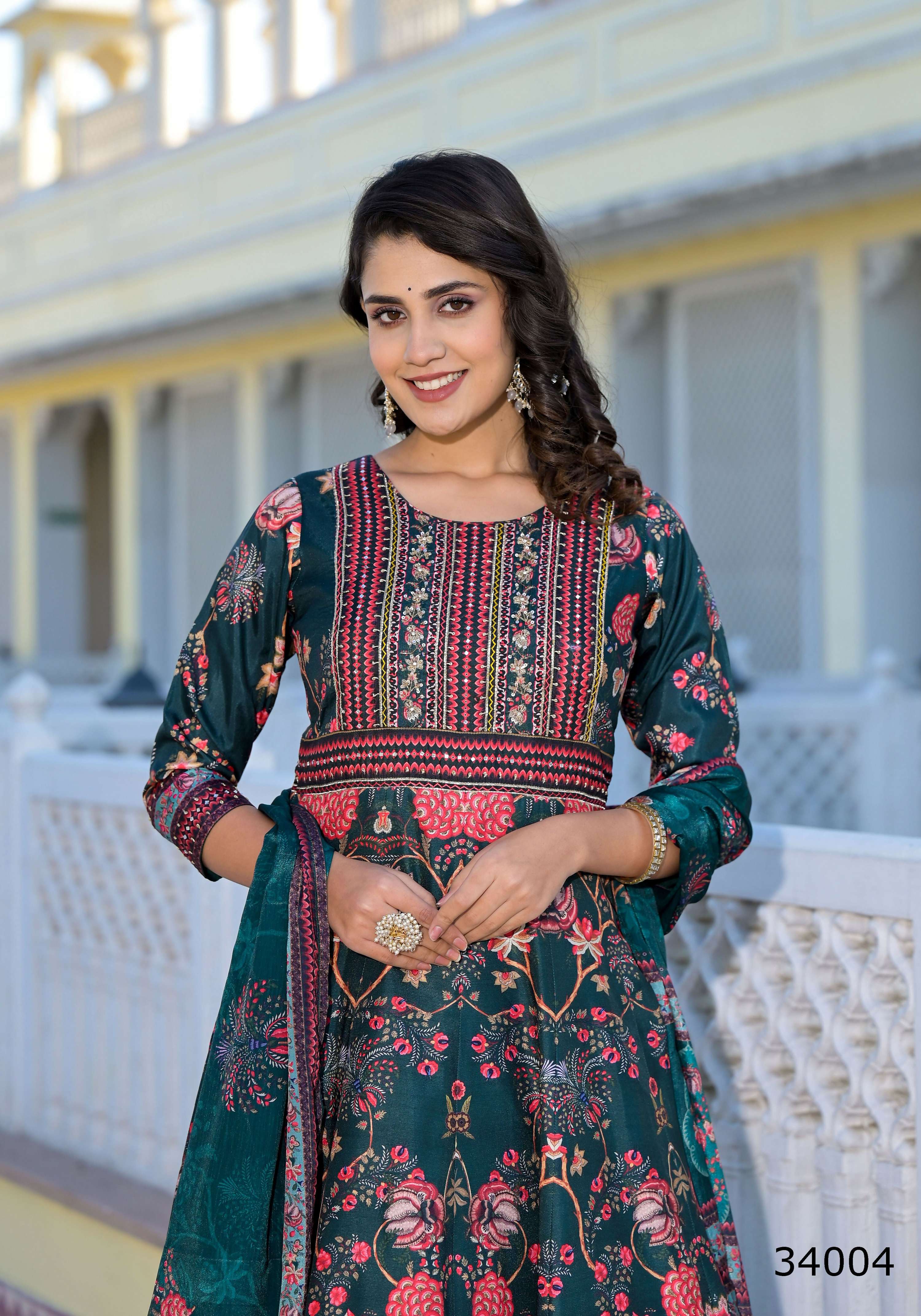 Partywear Designer Green Dola Silk Anarkali suit with Dupatta - Suzen | Grocsy