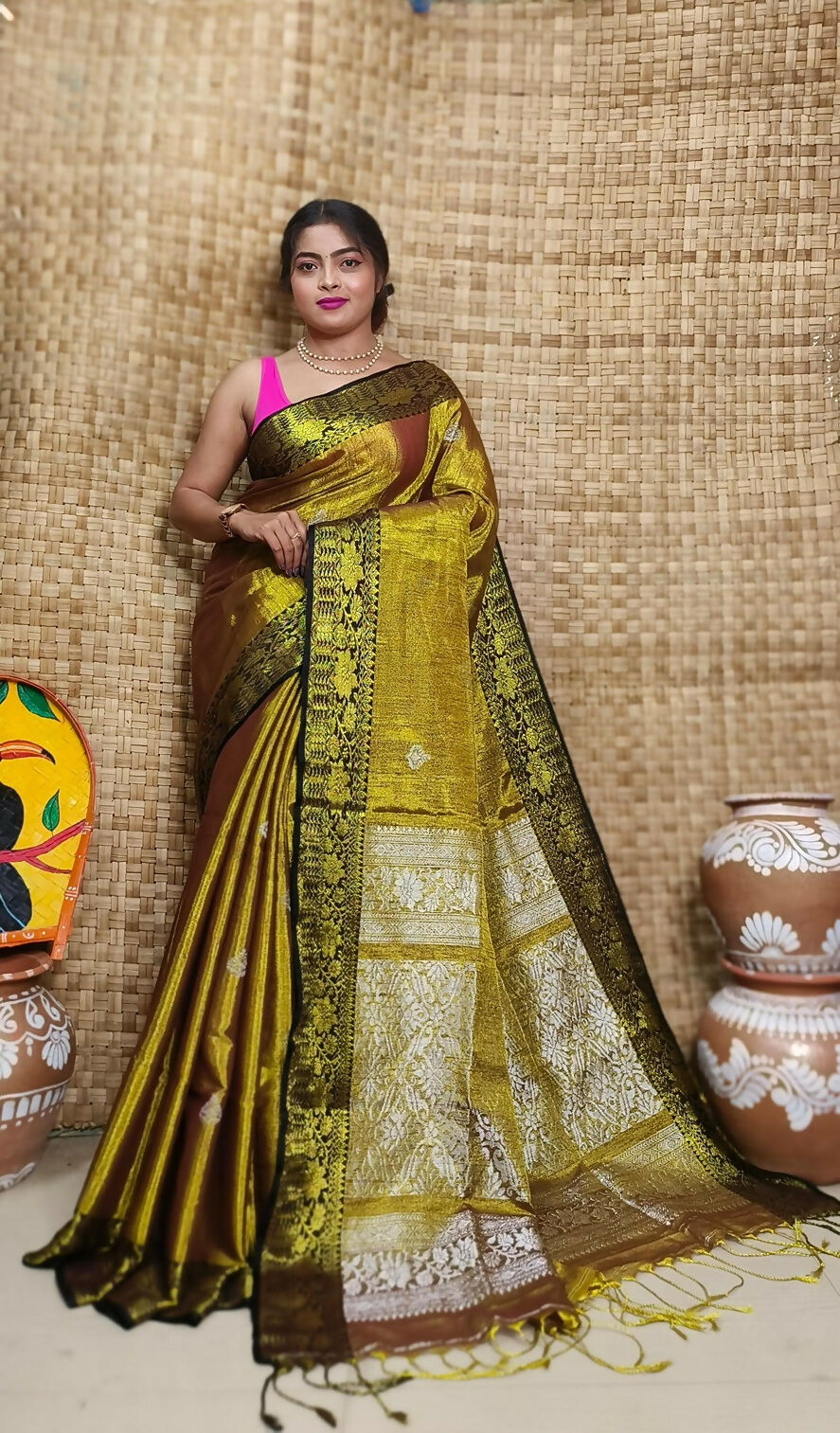 Exclusive Collection Golden Beautiful Tissue Benarasi Saree | Grocsy