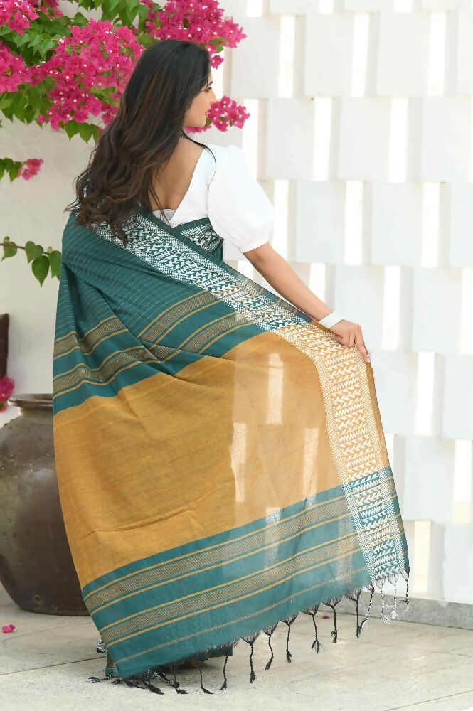 Beatitude Green Cotton Jacqaurd Border Tangail Handloom Saree | Grocsy