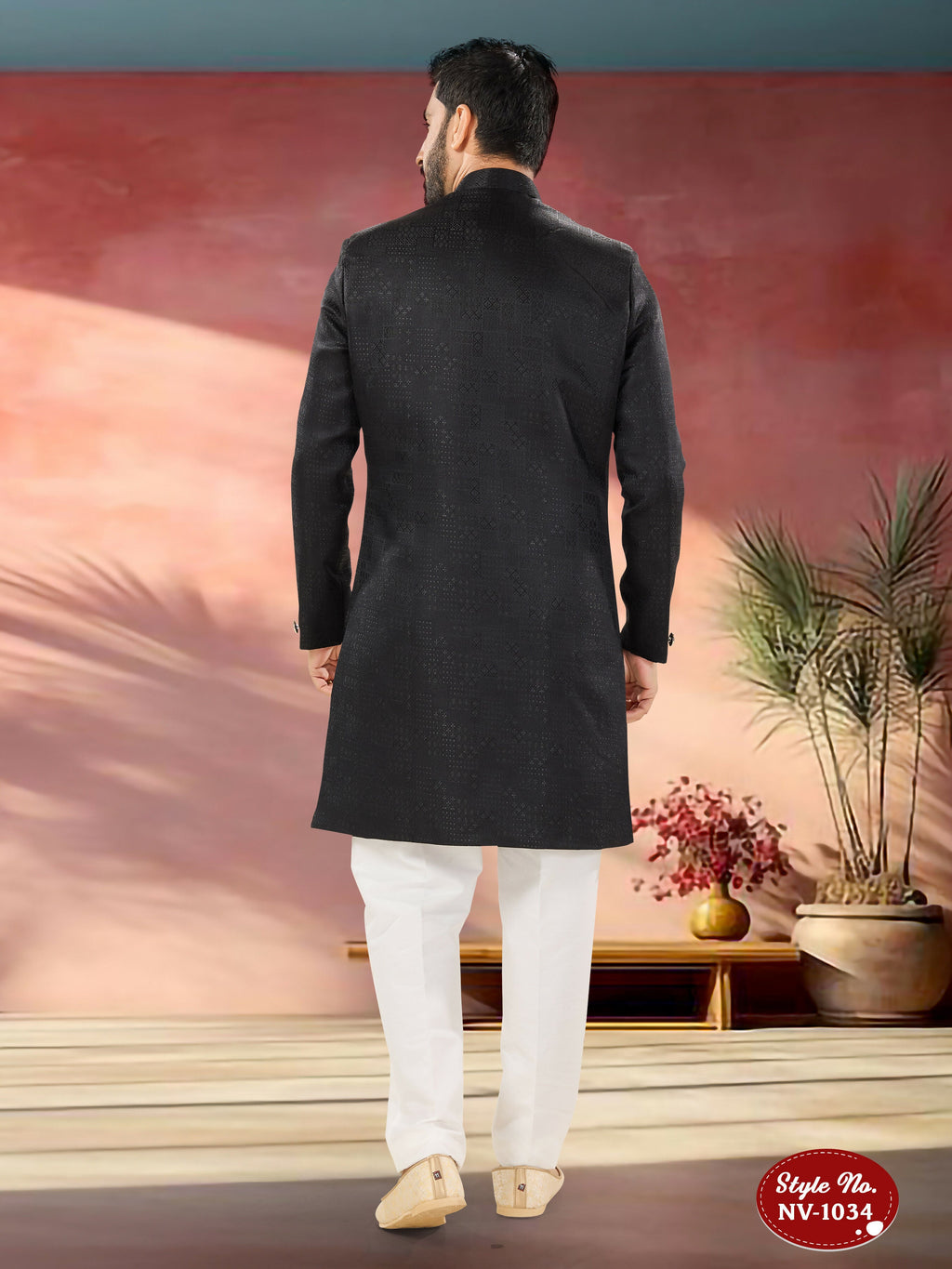 Joban Fashion Men's Black Straight Imported Tr Self-Design In Fabric Indo-Western Kurta Set | Grocsy