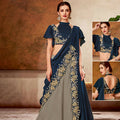Grey, Blue Dual Tone Silk Georgette Thread, Ribbon Embroidery, Handwork Semi-Stitched Lehenga Saree - Mohmanthan Dezzy | Grocsy