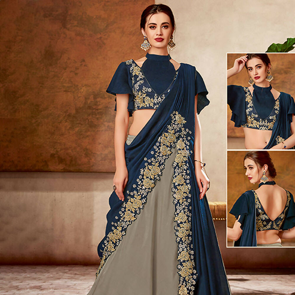 Grey, Blue Dual Tone Silk Georgette Thread, Ribbon Embroidery, Handwork Semi-Stitched Lehenga Saree - Mohmanthan Dezzy | Grocsy