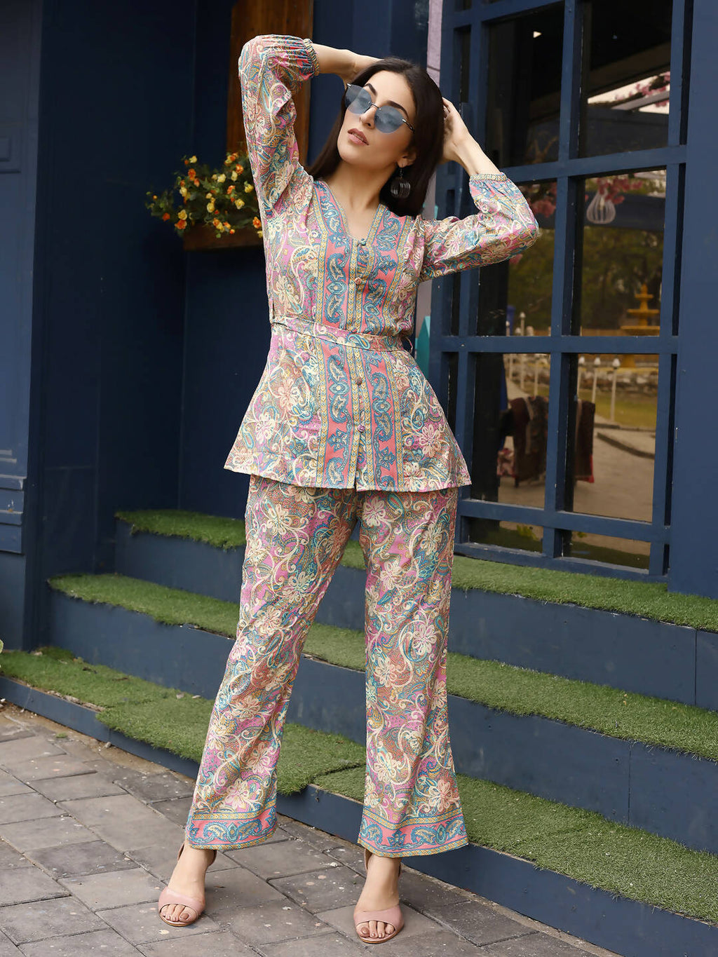 Pink Rayon Paisley & Floral Printed Top with Matching Bottom - Eesha | Grocsy