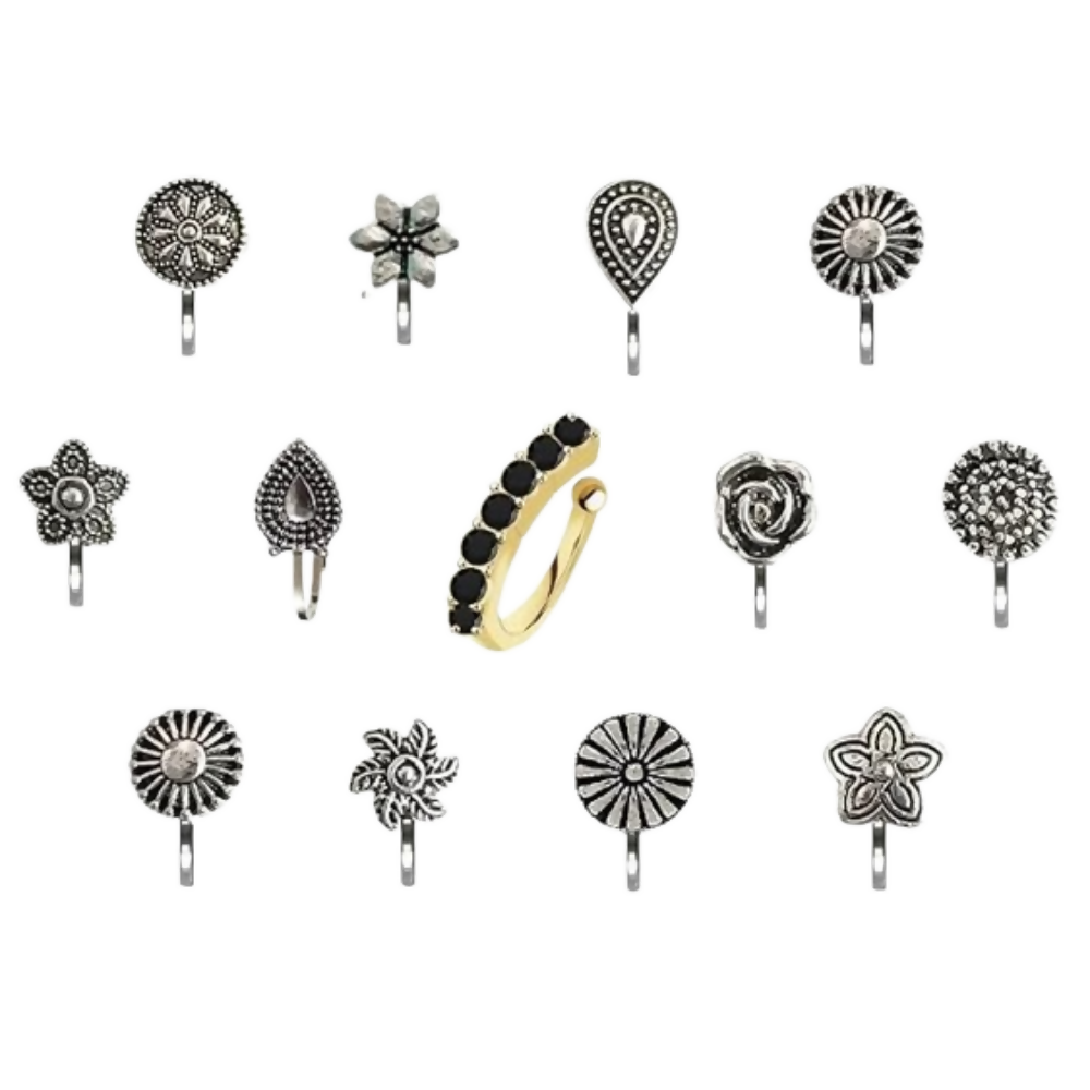 Thanu's Craft Oxidised Nose Pin Ring Studs Black Metal Germam silver Nosepin for Women | Grocsy