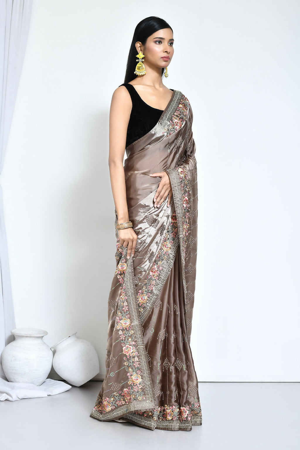 Brown Satin Silk Sequence Embroidered with Stone work Saree - Nimaya Benzy | Grocsy