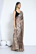 Brown Satin Silk Sequence Embroidered with Stone work Saree - Nimaya Benzy | Grocsy